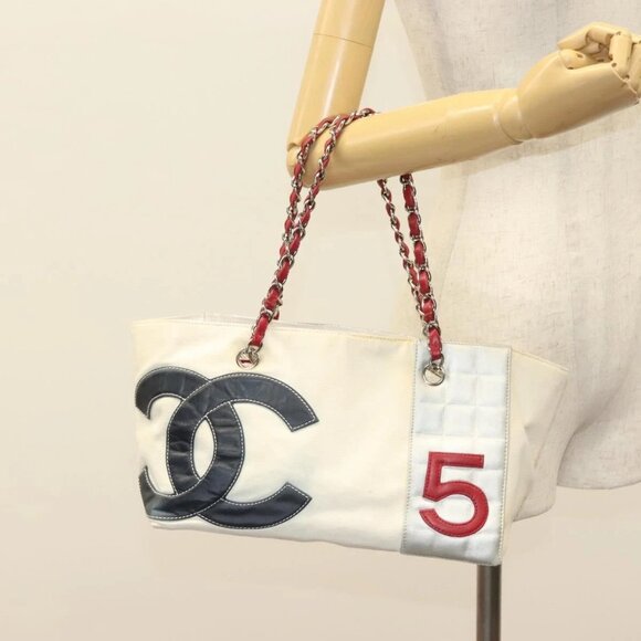 CHANEL Choco Bar Line Chain Tote Bag Canvas White Silver CC Auth - Picture 1 of 16